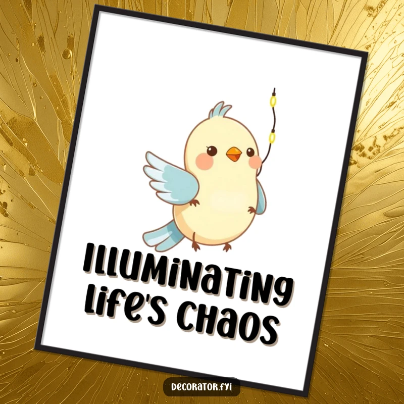 Funny poster featuring an energetic bird happily hanging a tiny string of festive lights, adding a touch of holiday magic.