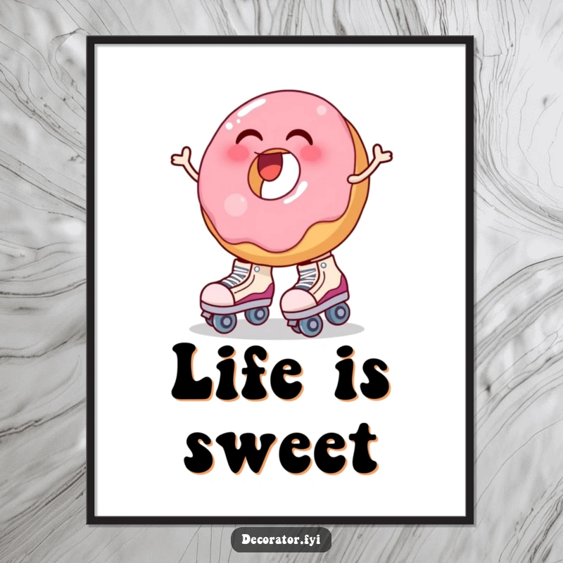 Funny poster of a laughing donut wobbling precariously while trying to put on big roller skates. Playful art.