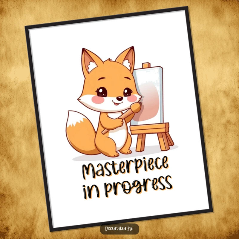 Funny poster print of a smiling fox holding a paintbrush, looking at a canvas, ready to create a beautiful piece.