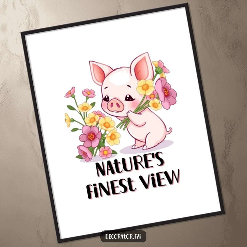Funny poster featuring a piglet admiring a beautiful bouquet of flowers, a heartwarming and humorous piece of decor.
