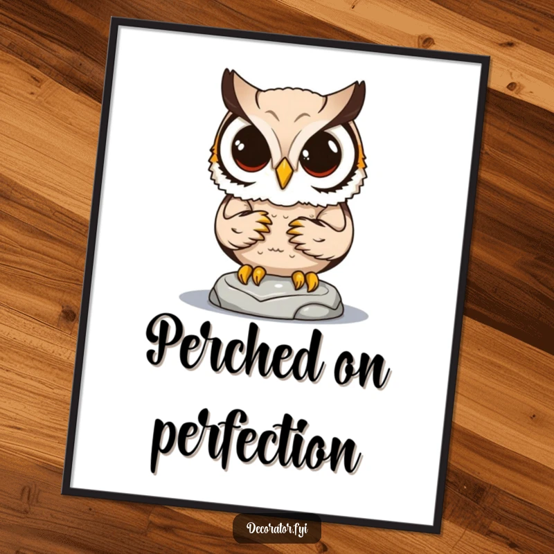 Funny poster showing a determined owl character focused on carefully placing a small statue, perfect for minimalist decor.