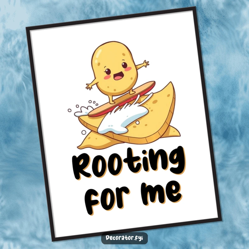 Funny poster of a determined potato bravely surfing on a giant potato chip. Adventurous wall decor.