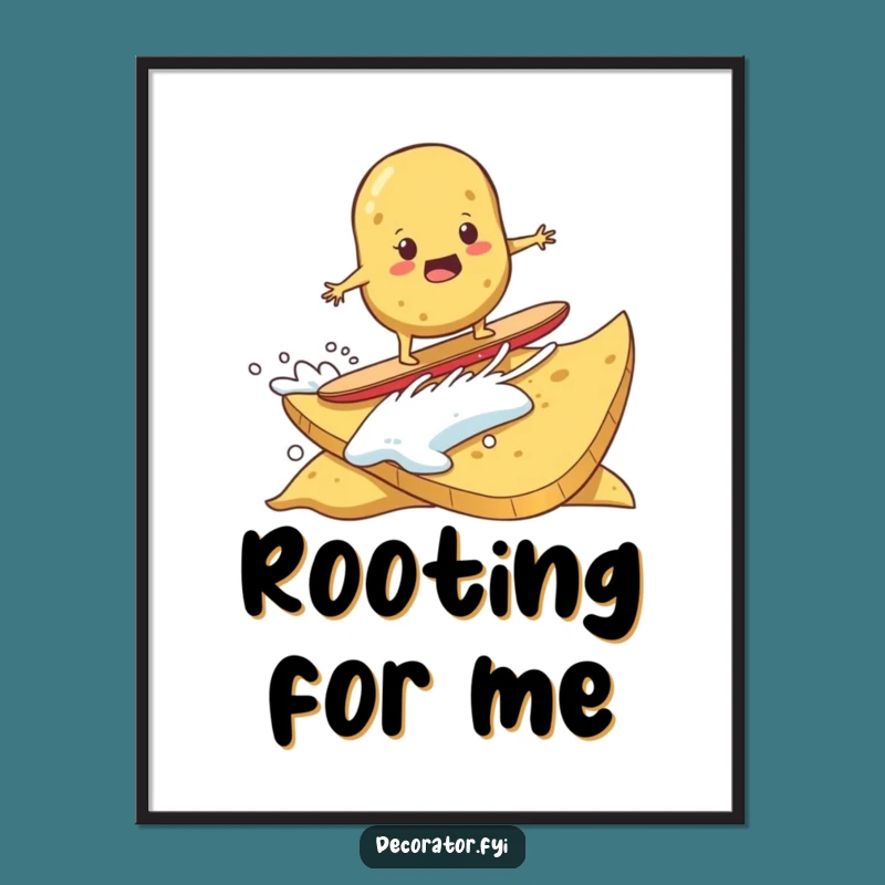 Funny Potato Surfing Chip Poster: Hilarious Determined Art for Adventurous Wall Decor