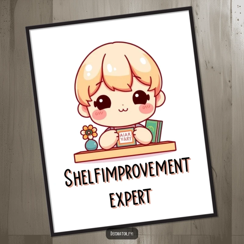 Funny Poster print of a joyful character appreciating the beauty of a small, meticulously decorated shelf with pure delight.