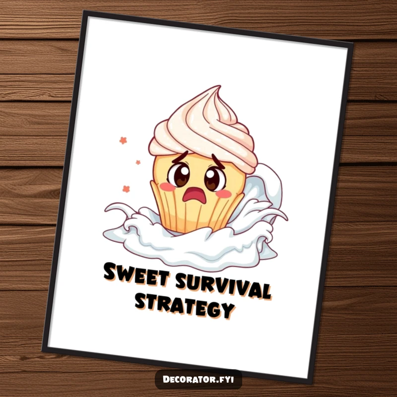 Funny cupcake frosting tsunami poster: a startled cupcake with wide eyes flees a massive wave of frosting.