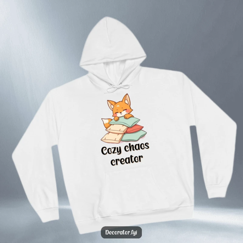 Funny fox character winking while playfully building a cushion fort, radiating comfort and mischief for a humorous hoodie design.