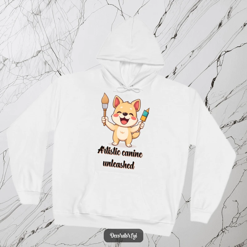 Funny dog hoodie showcasing a delighted dog painter holding a paintbrush, perfect for staying warm while celebrating artistic achievements.