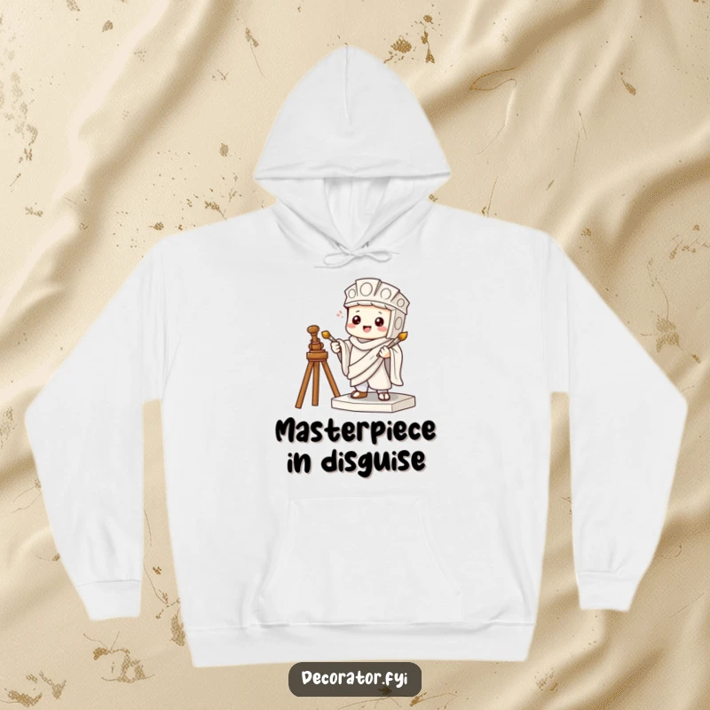 Funny hoodie featuring a mischievous character pretending to be a statue holding a tiny paintbrush, ready for a prank.
