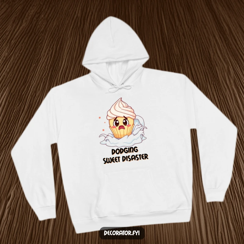 Funny cupcake frosting tsunami hoodie: a startled cupcake escapes a frosting wave, cozy and humorous.