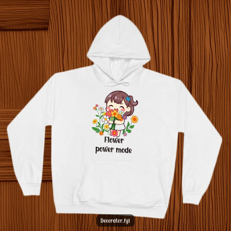 Funny hoodie featuring a playful character joyfully arranging colorful flowers into a bouquet, perfect for garden lovers and crafters.
