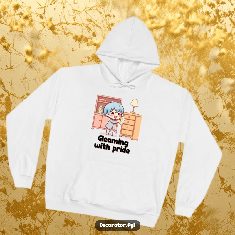 Funny content character happily polishing furniture on a soft, warm hoodie for cozy, humorous relaxation.