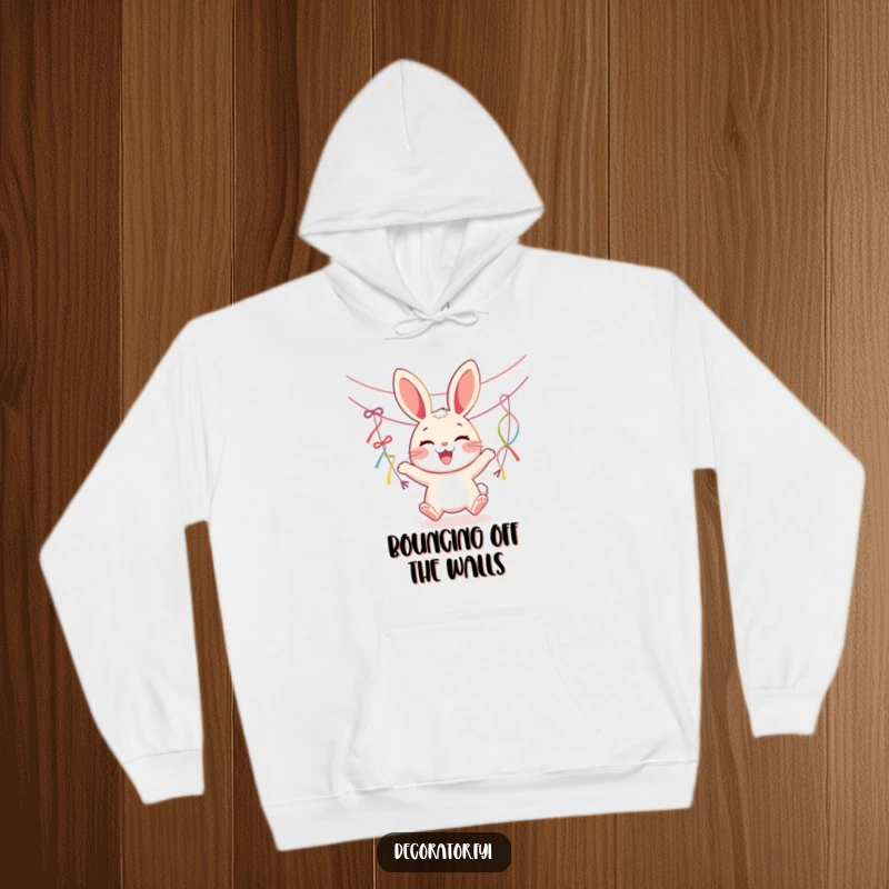 Funny hoodie with a joyous rabbit character enthusiastically hanging colorful streamers, perfect for festive comfort.