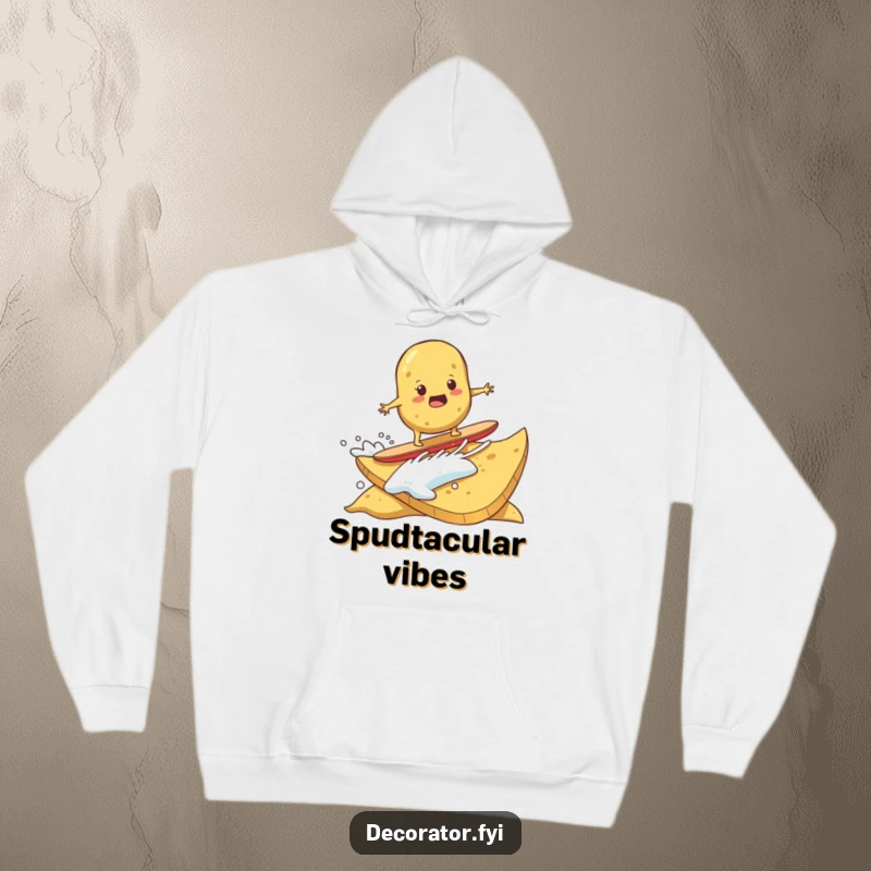 Funny hoodie showing a determined potato surfing on a giant potato chip. Cozy and adventurous apparel.
