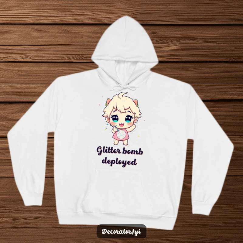 Funny hoodie featuring a cheerful character enthusiastically applying glitter to a festive design, perfect for crafters and party lovers.