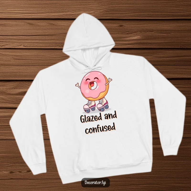 Funny hoodie with a laughing donut wobbling while trying to put on large roller skates. Cozy and humorous.