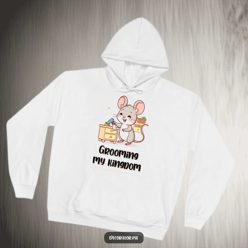 Funny hoodie featuring a cheerful mouse character dusting a miniature sofa, radiating comfort and tidiness.