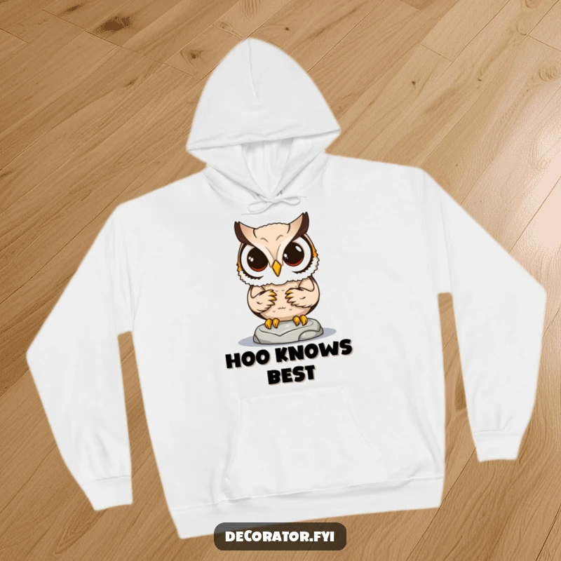 Funny hoodie depicting a focused owl character carefully placing a small statue, radiating determination and charm.