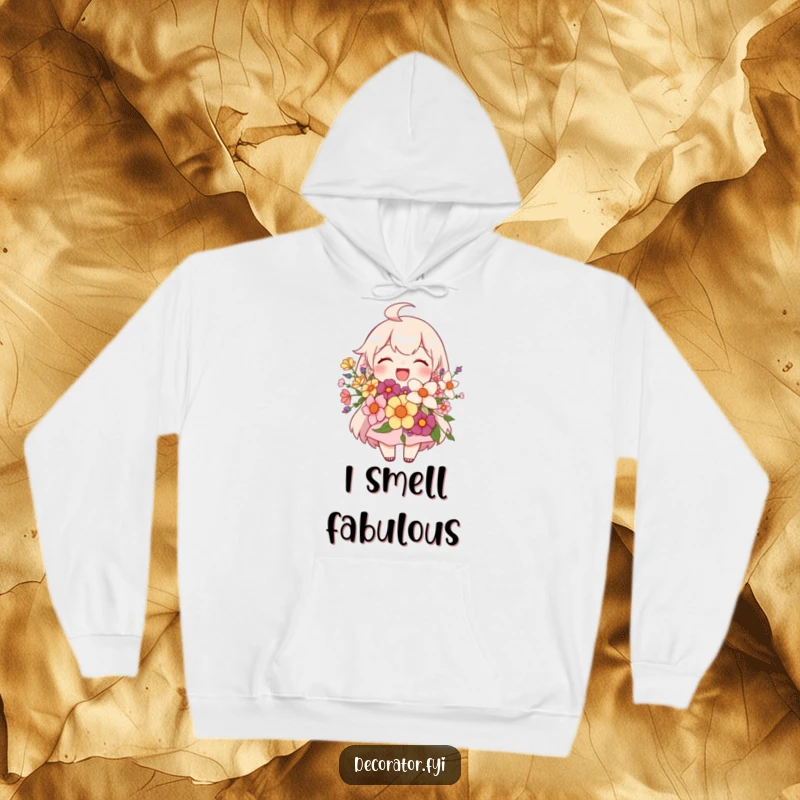 Funny hoodie featuring a joyful character proudly presenting a gorgeous floral arrangement, offering cozy comfort and floral cheer.