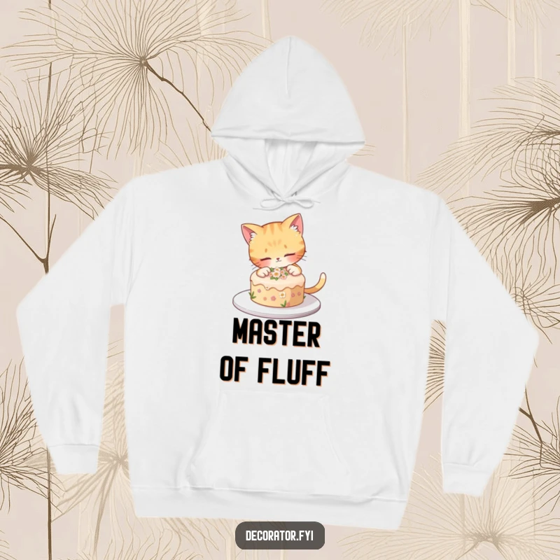 Funny cat meticulously decorates a small cake with tiny flowers, a heartwarming scene on a funny hoodie.