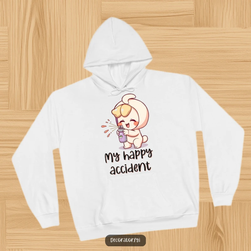 Funny artist hoodie illustrating a giggling character playfully spritzing paint, cozy and humorous apparel.