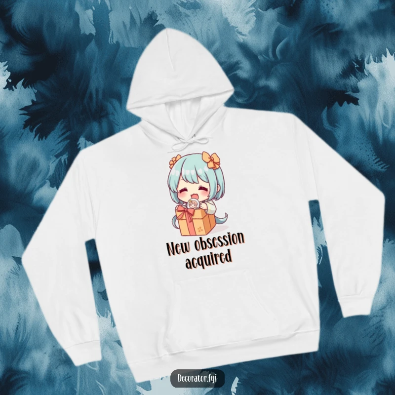 Funny hoodie showing a character excitedly unwrapping a delicate, decorative figurine, embodying the humorous passion of collecting and discovery.