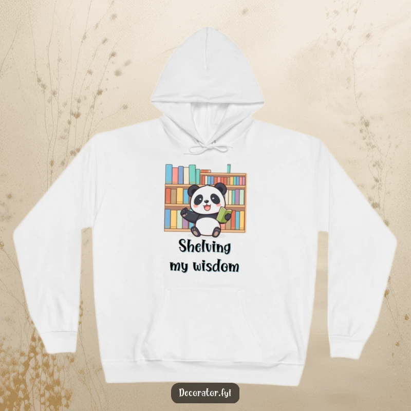 Funny panda hoodie featuring a joyful panda organizing books, ideal for cozy reading sessions and expressing a love for literature.