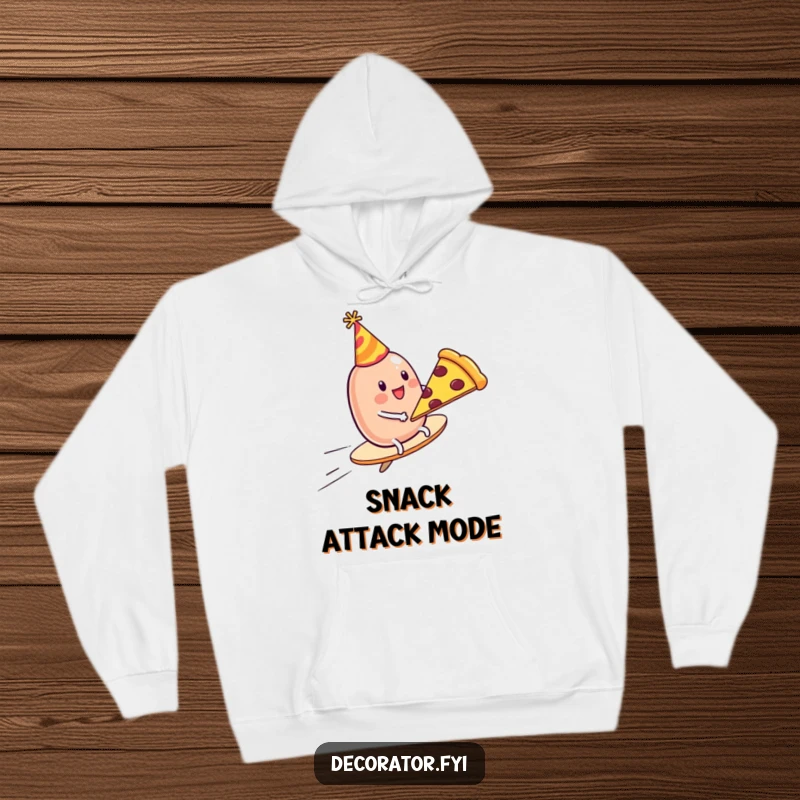 Funny Hoodie: A party-hatted jelly bean joyfully rides a flying pizza slice, embodying playful adventure and comfort.