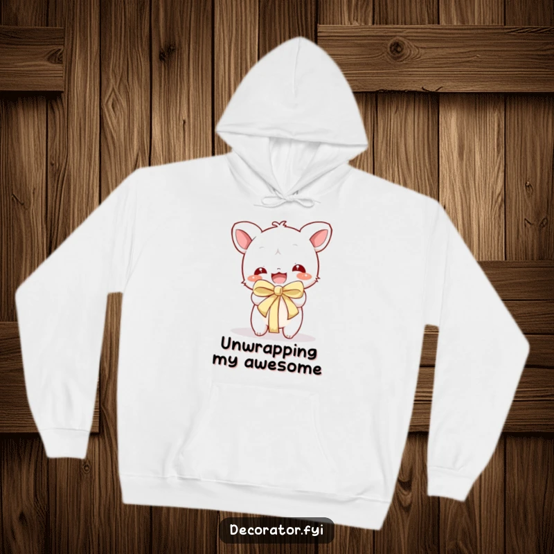 Funny Hoodie: Energetic character joyfully unwrapping a gift, capturing the excitement of a surprise.