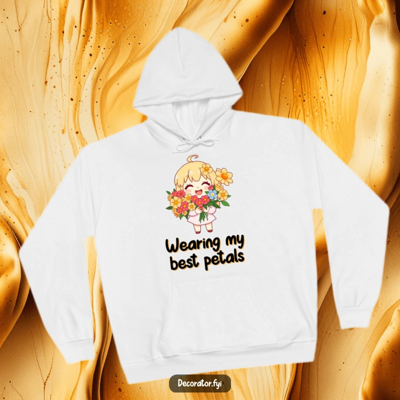 Funny Hoodie: A joyful character smiles while creating a beautiful, colorful bouquet of vibrant flowers.