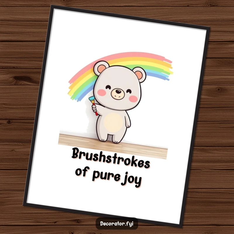 Funny Free Printable Wall Art: A beaming bear artist joyfully paints a vivid rainbow across a stark white wall.