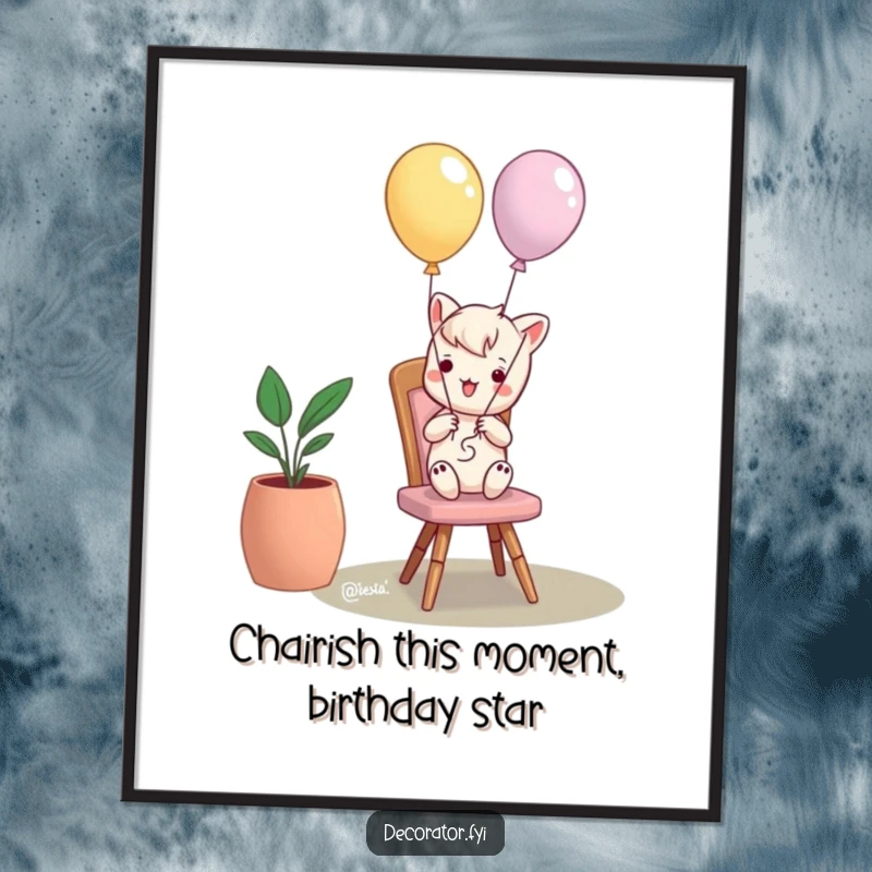 Funny Free Printable Wall Art: Mischievous character playfully tying balloons to a chair, a humorous prank.
