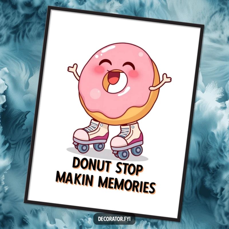 Funny Free Printable Wall Art: A laughing donut hilariously attempting to put on oversized roller skates, captured mid-wobble.