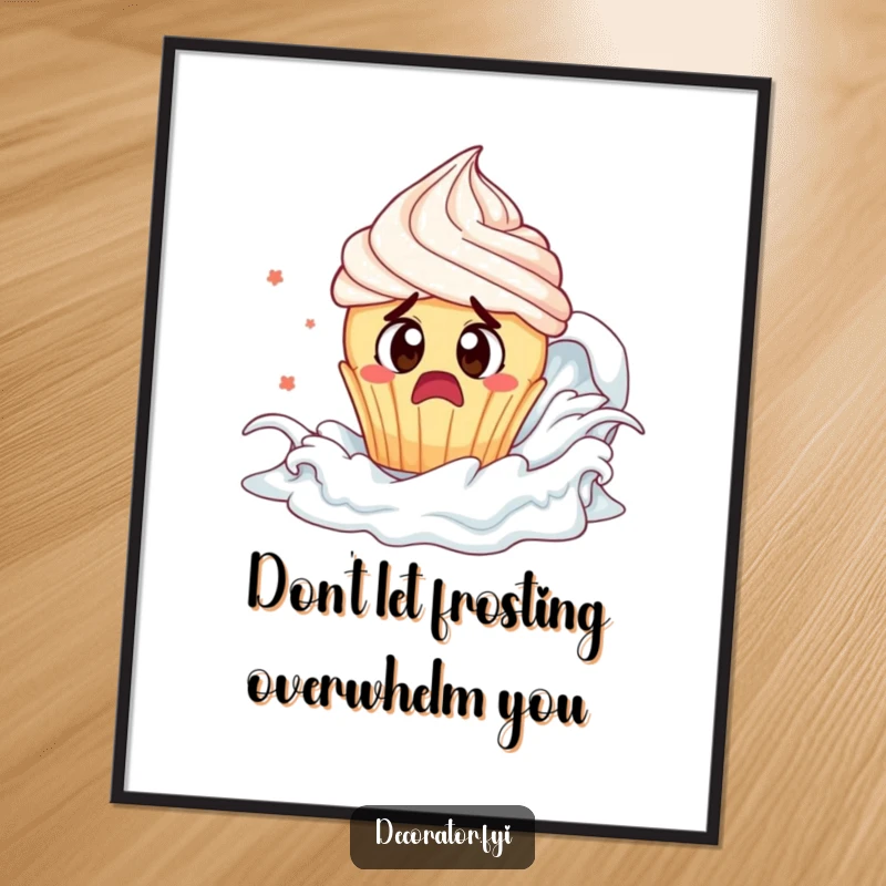 Funny Free Printable Wall Art: A wide-eyed cupcake desperately tries to outrun a colossal wave of overflowing frosting!