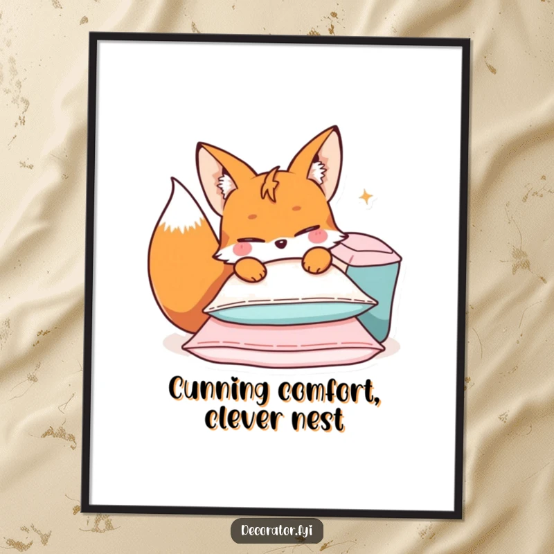 Funny Free Printable Wall Art: A mischievous fox character winking playfully while arranging a soft pile of cushions, perfect for cozy decor.