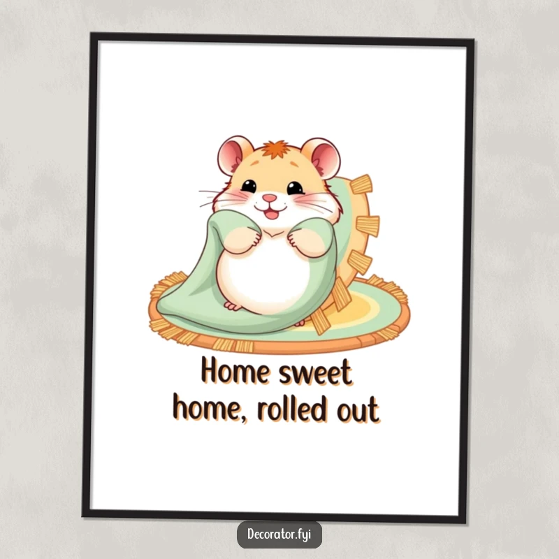 Funny Free Printable Wall Art: Hamster joyfully unfurls a colorful, patterned rug, adding cozy charm to any room.