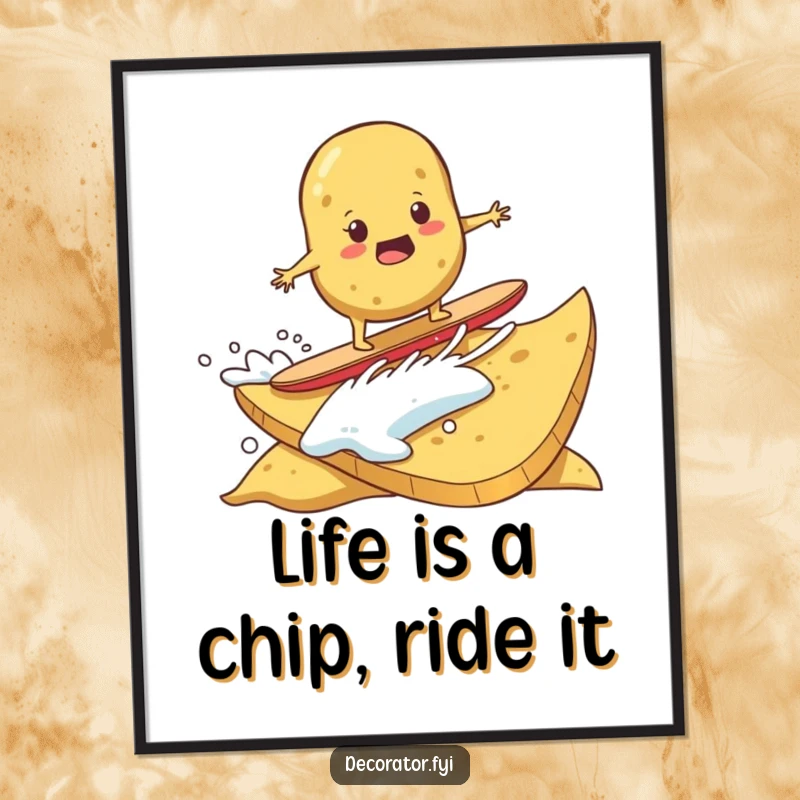 Funny Free Printable Wall Art: A determined potato bravely surfing on a giant potato chip, capturing the thrill of the ride.