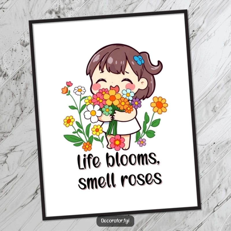 Funny Free Printable Wall Art: A playful character joyfully arranging a vibrant bouquet of colorful flowers.