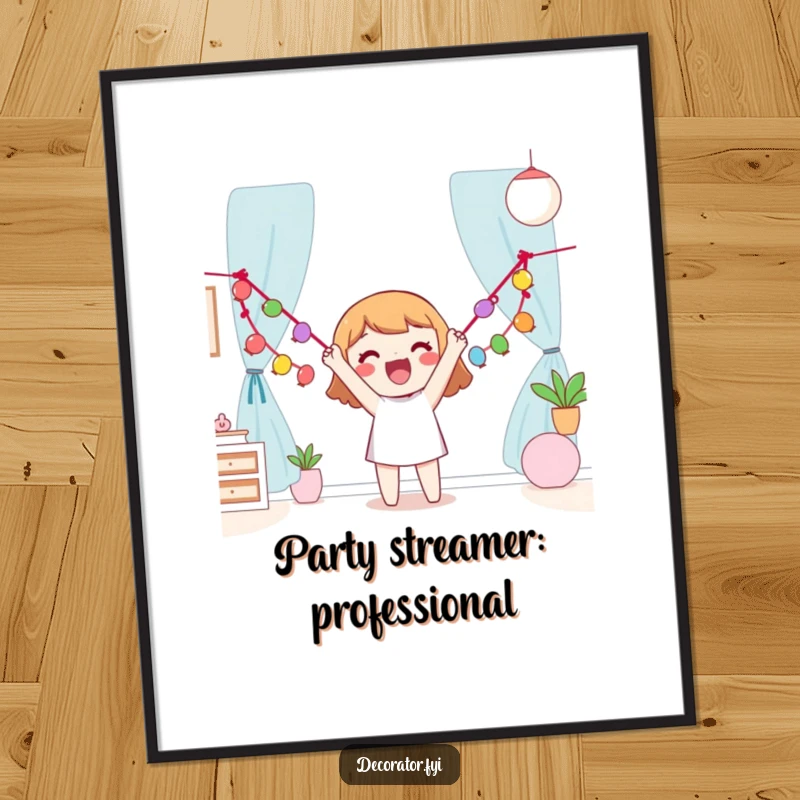 Funny Free Printable Wall Art of a happy character enthusiastically hanging a colorful garland, creating a festive and inviting scene.