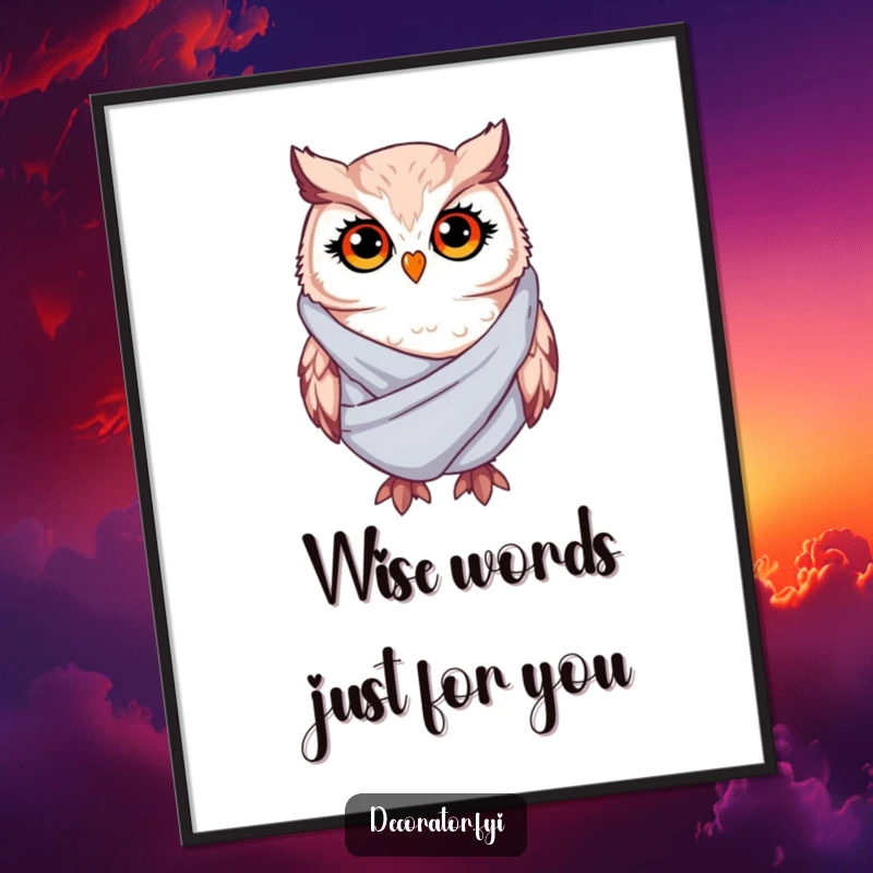 Funny Free Printable Wall Art: Whimsical owl with twinkling eyes, drapes soft fabric, creating a cozy atmosphere.