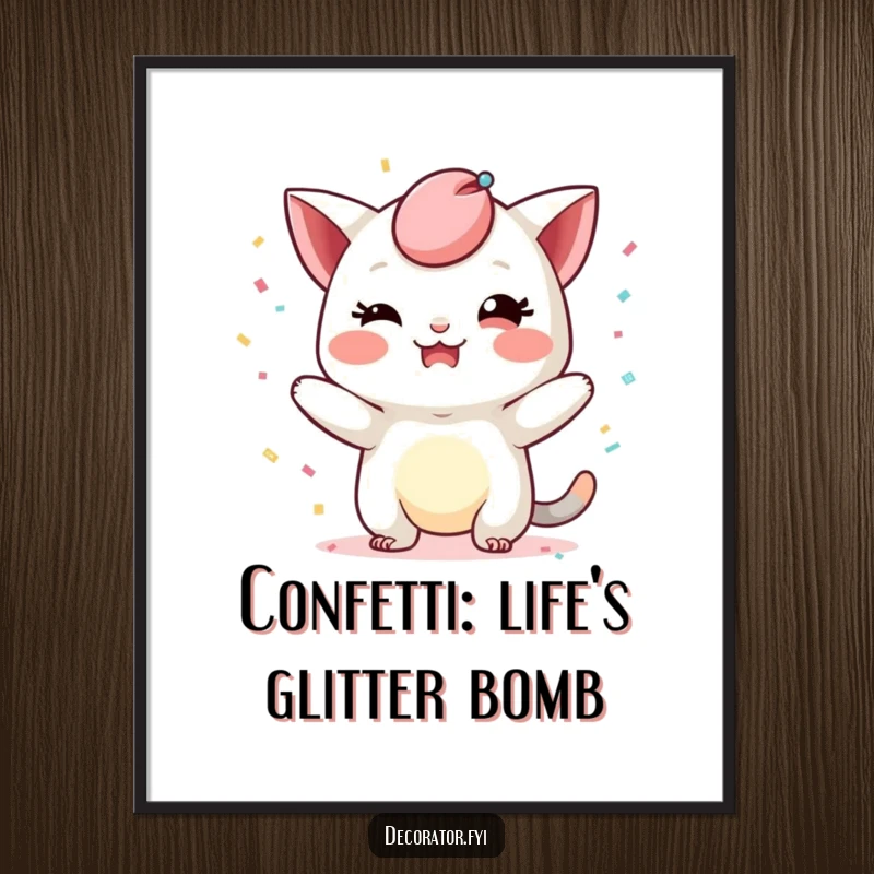 Funny Free Printable Wall Art: Mischievous character playfully adding a whimsical touch with a burst of colorful confetti.