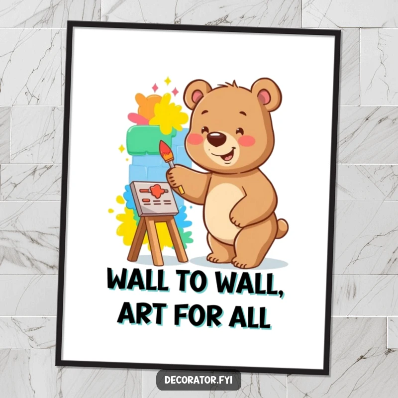 Funny Free Printable Wall Art: Smiling bear happily painting a vibrant mural on a small wall, an artistic and humorous decor piece.