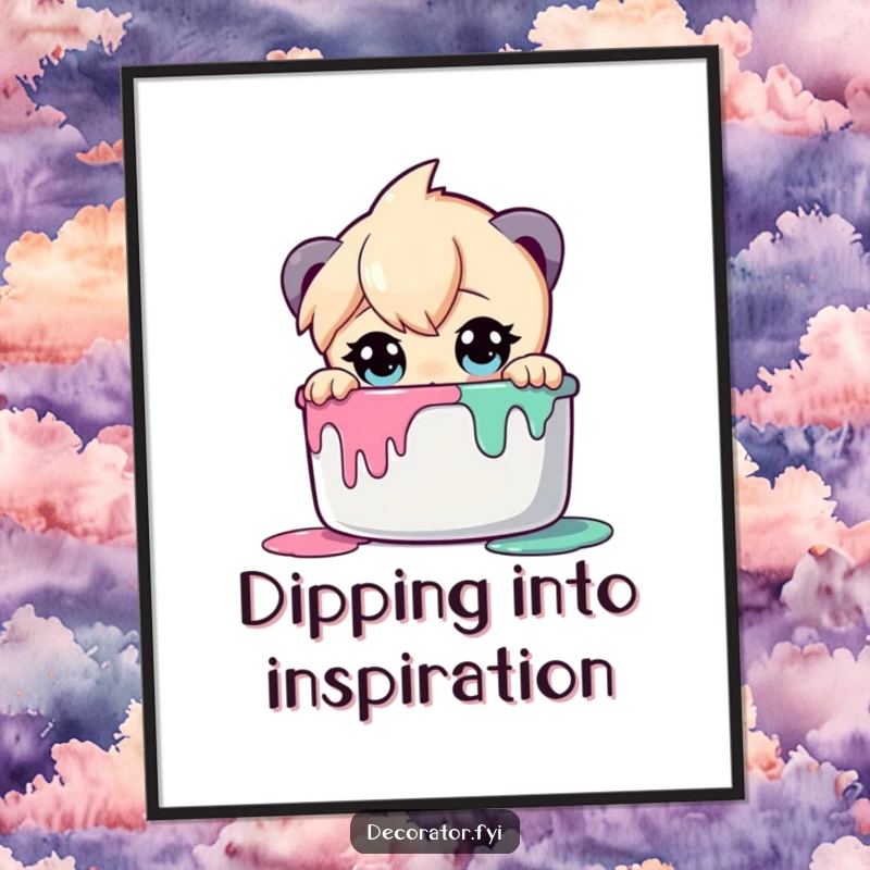 Funny Free Printable Wall Art: A curious character with wide eyes peers intently into a paint pot, contemplating art.