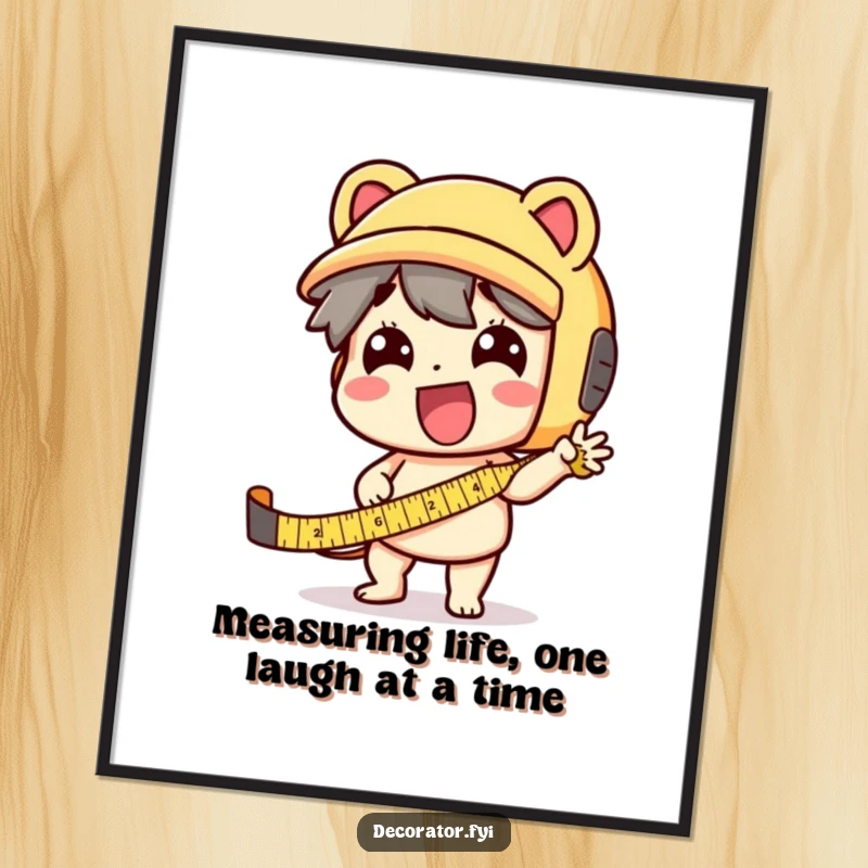 Funny Free Printable Wall Art: Character with a tape measure shows exaggerated enthusiasm, a quirky DIY wall hanging.