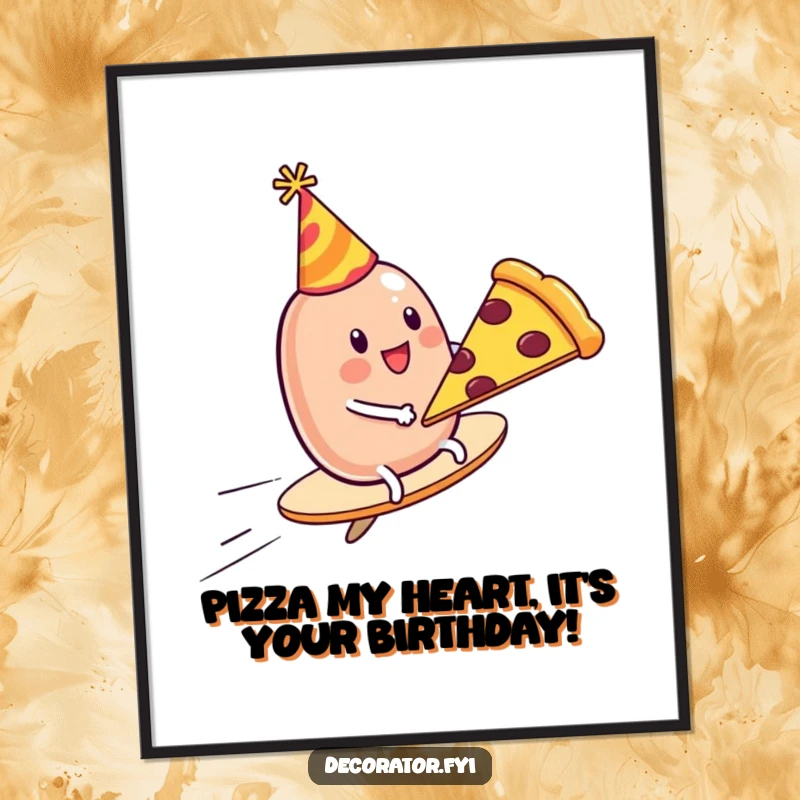 Funny free printable wall art of a jelly bean in a party hat riding a flying pizza slice across a colorful background.