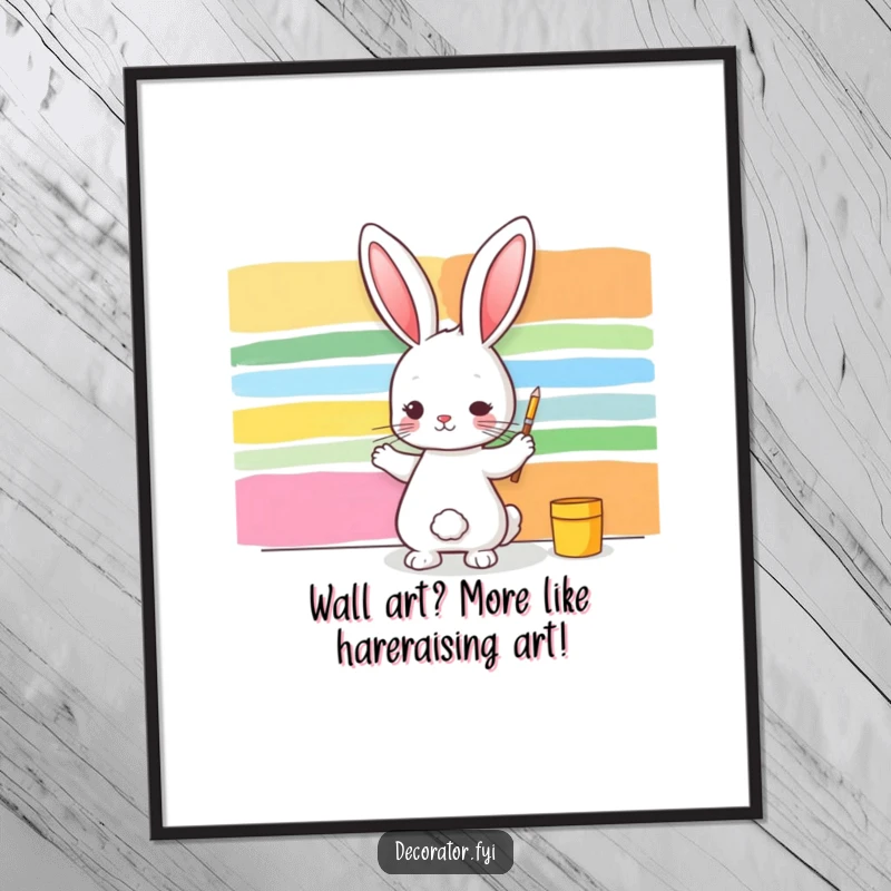 Funny Free Printable Wall Art of a rabbit artist actively painting vibrant stripes on a wall.
