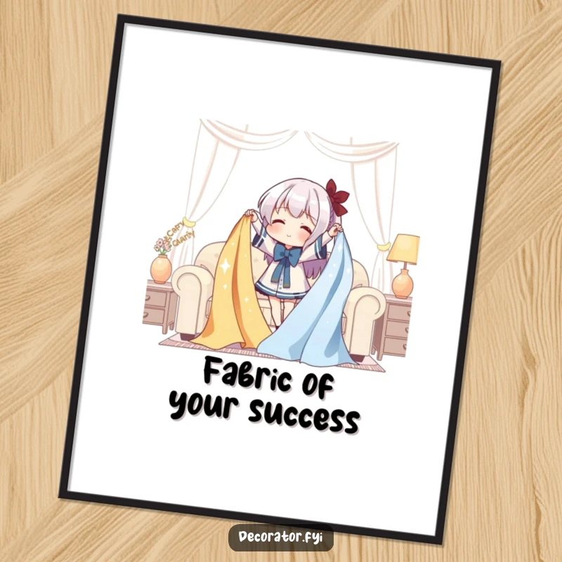 Funny Free Printable Wall Art: Character gleefully draping luxurious shimmering fabric over furniture, creating an avant-garde and humorous interior scene.