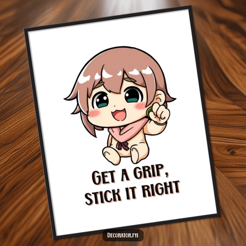 Funny Free Printable Wall Art: Determined character with a wide, joyful smile carefully smoothing a piece of wallpaper onto a wall.