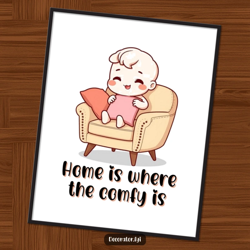 Funny Free Printable Wall Art: Character diligently arranging cushions on a stylish armchair, creating a cozy and humorous atmosphere.