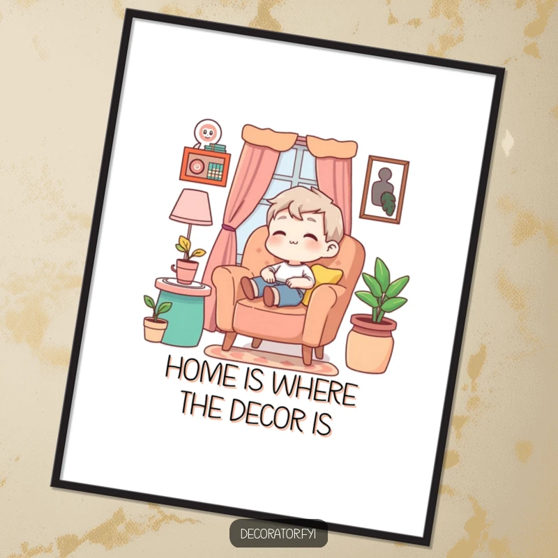 Funny Free Printable Wall Art: Content character with a peaceful expression, lounging comfortably in an armchair surrounded by plush, colorful decor.