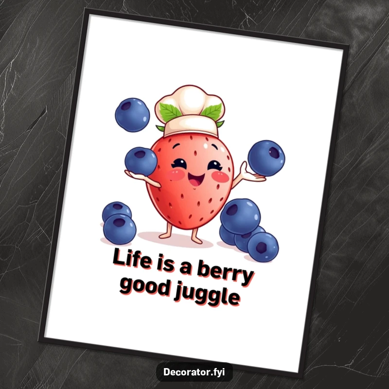 Funny Free Printable Wall Art: A cheerful strawberry wearing a chef's hat skillfully juggles oversized blueberries in mid-air!